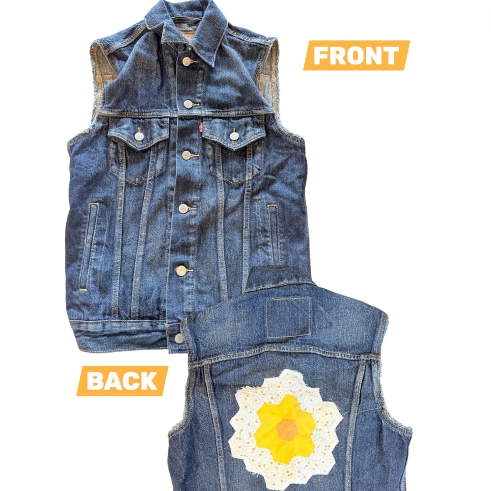 Levi's Denim Vest Women XS Blue Trucker Patchwork Quilt Flower Sleeveless